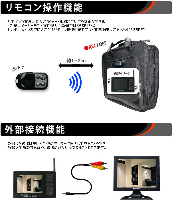 超小型ビデオカメラ ビジネスバッグ型カメラ＆2.4インチモニター付きワイヤレス受信機（DV01-3070CAM）のポイント3