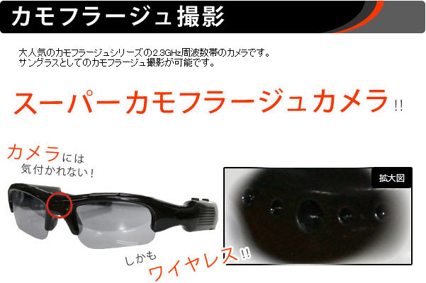 超小型ビデオカメラ サングラス型カモフラージュカメラ＆液晶付きワイヤレス受信機セット（DV01-SAN14）のポイント1